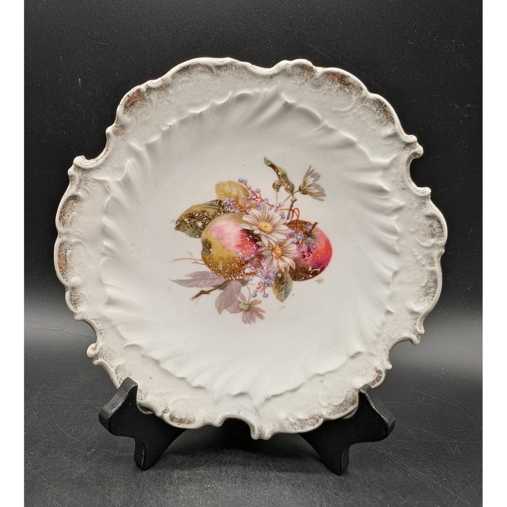 Antique Porcelain Fruit Floral Decorative Plate Scalloped Gold Gilt Rim 7.5in